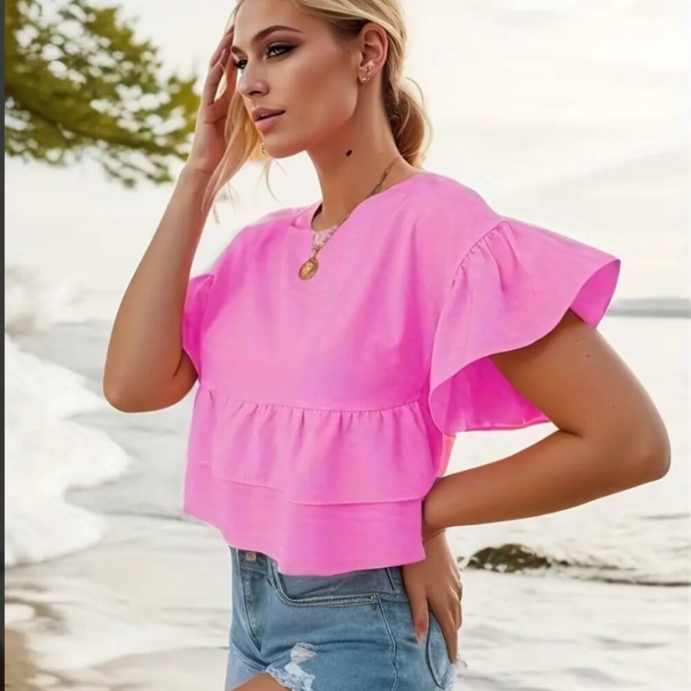 Women's Pink Crew Neck Sweet Flare Sleeve Blouse Size Medium  NWT - Picture 2 of 7